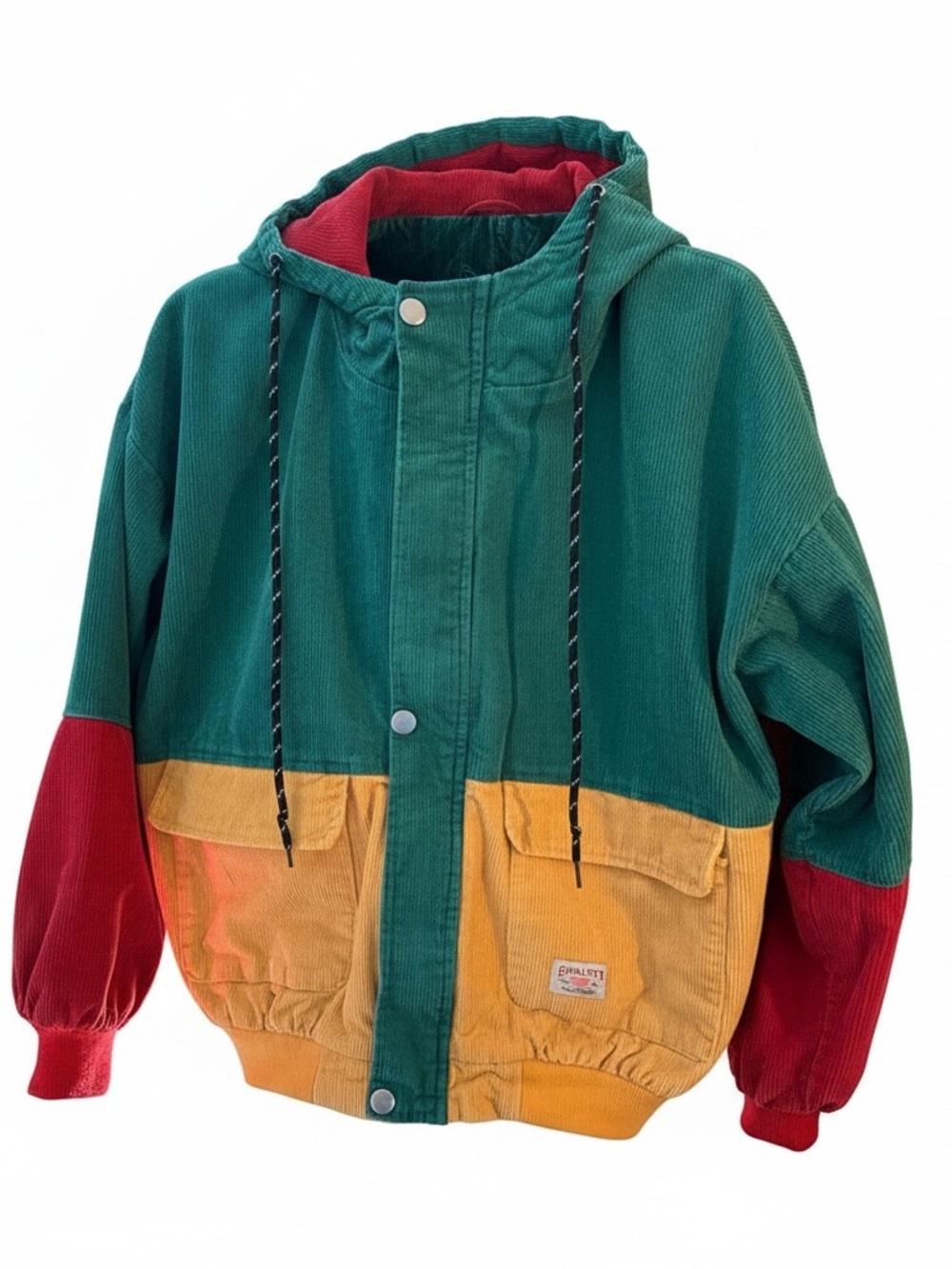 Zaful Colorblock Corduroy Hooded Bomber Jacket - Green, Yellow & Red. Ladies sm
